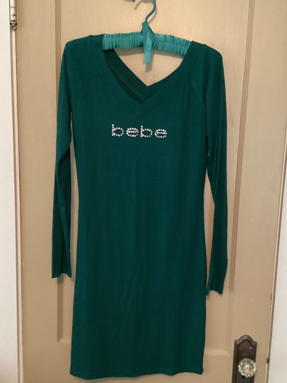 bebe Teal Long Sleeve V-Neck Logo Dress